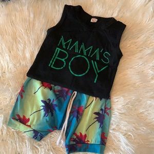 Mama’s Boy tropical shorts and muscle shirt set size 18-24m